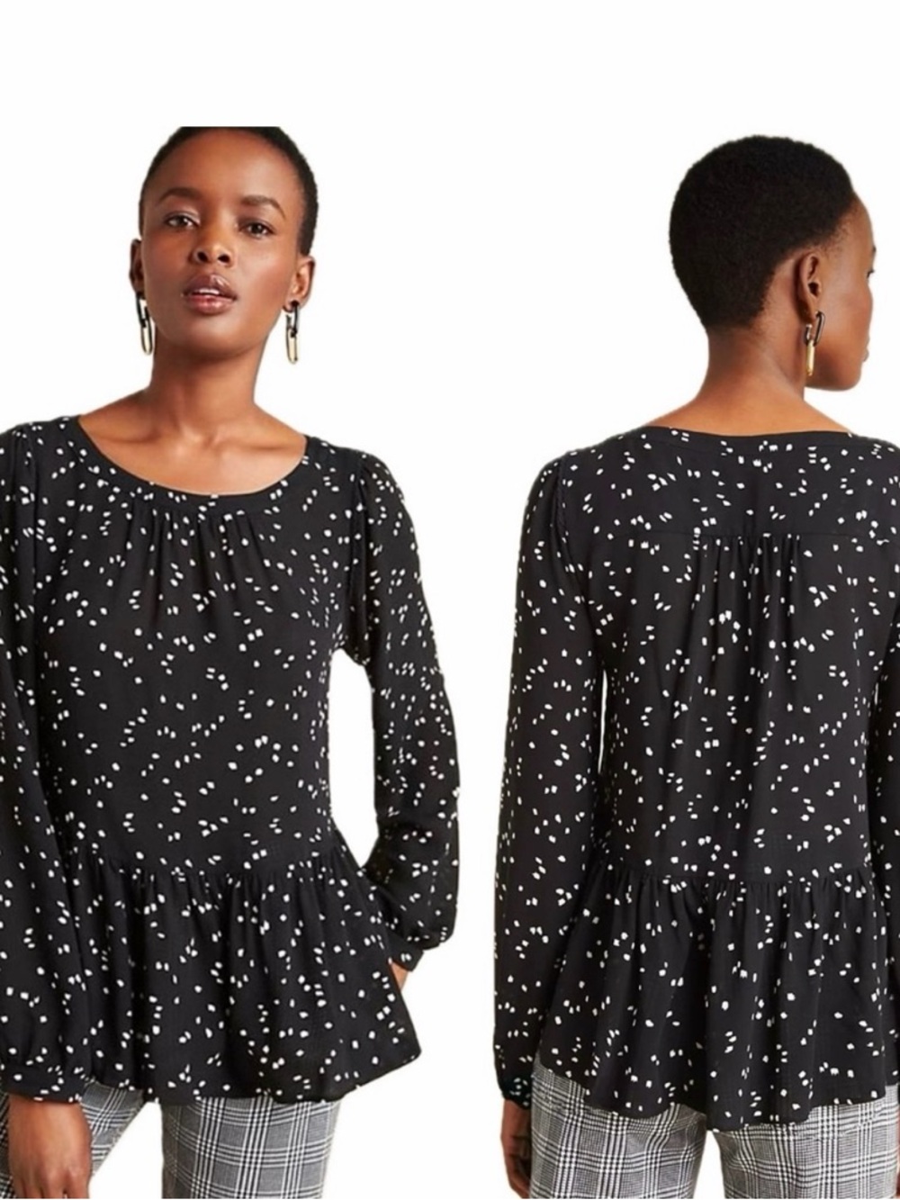 Maeve Anthropologie Black White Dot Peplum Long-Sleeve Dress